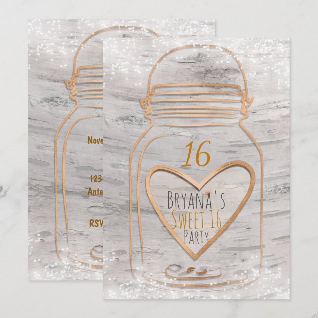 Herzmason Jar & Lights Birch Sweet 16 Einladung (Vorne/Hinten)
