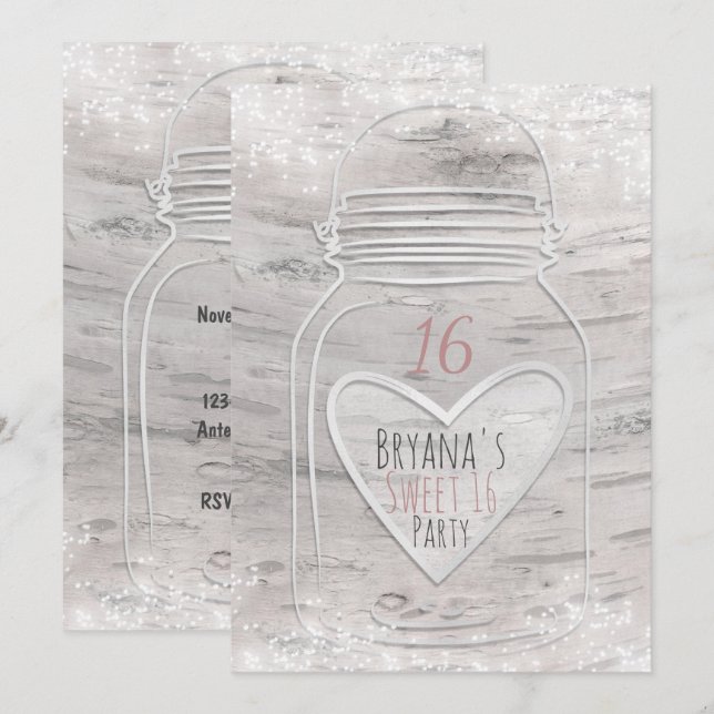 Herzmason Jar & Lights Birch Sweet 16 Einladung (Vorne/Hinten)