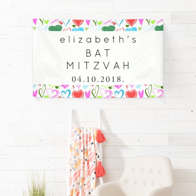 Herzmuster, farbenfrohe Herzen, Bat Mitzah Banner (Insitu)