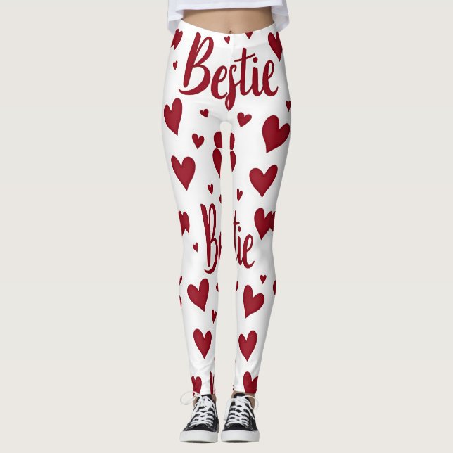 Herzmuster mit "Bestie"-Text in kursiv roter Schri Leggings (Vorderseite)