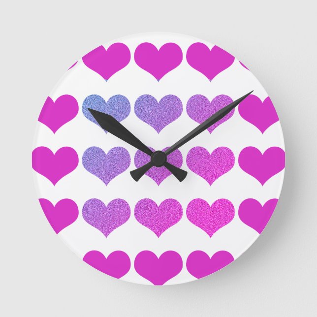 Herzmuster Pink Lila Glitzer Ombre Hübsch Runde Wanduhr (Vorderseite)