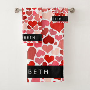 Herzmuster, rote Herzen, Liebe, Ihr Name Badhandtuch Set