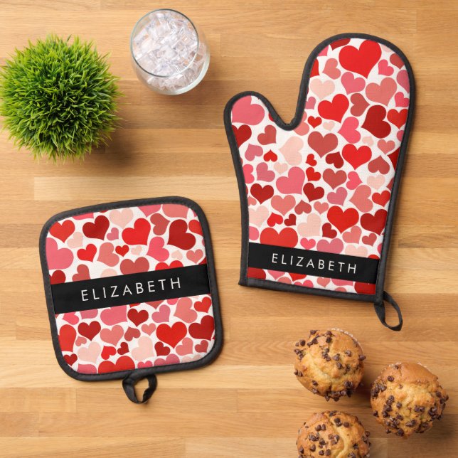 Herzmuster, rote Herzen, Liebe, Ihr Name Ofenhandschuh & Topflappen-Set (Oben Unten)