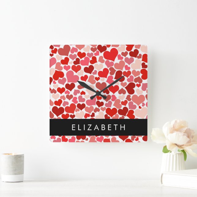 Herzmuster, rote Herzen, Liebe, Ihr Name Quadratische Wanduhr (Zuhause)