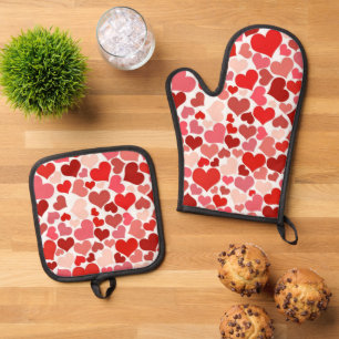 Herzmuster, rote Herzen, Liebe Ofenhandschuh & Topflappen-Set
