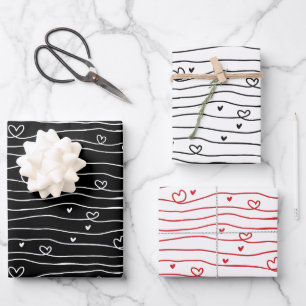 Herzmuster Schwarz, Weiß und Rot - Liebe Geschenkpapier Set
