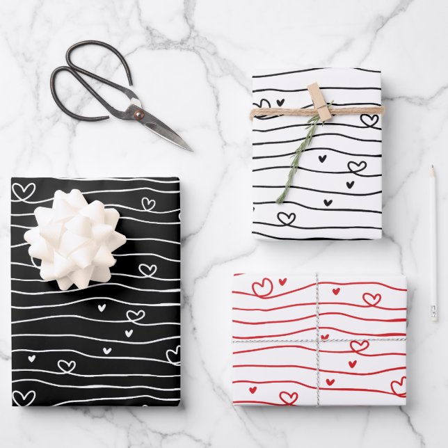 Herzmuster Schwarz, Weiß und Rot - Liebe Geschenkpapier Set (Vorderseite)