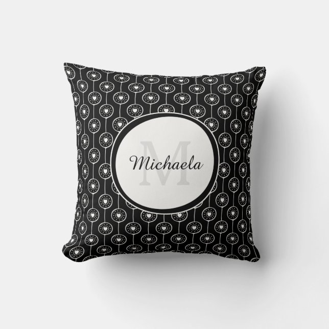 Herzpunkte in Schwarz und Weiß mit Mit Monogramm N Kissen (Vorderseite)