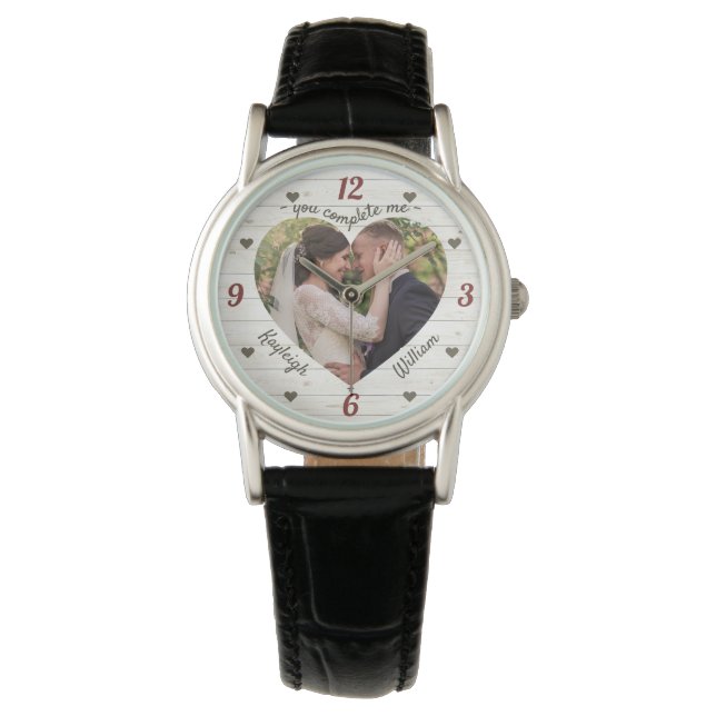 Herzpuzzle Hochzeit Foto Sie ergänzen mich rustika Armbanduhr (Vorderseite)