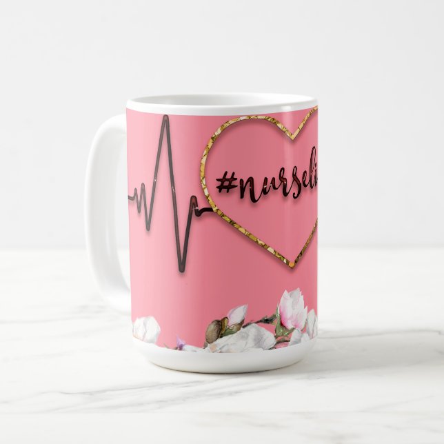Herzschlag-Design und lebensrettende Hashtag Kaffeetasse (Vorderseite Links)