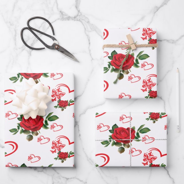 Herzschmetterlinge und Blume Geschenkpapier Set (Vorderseite)