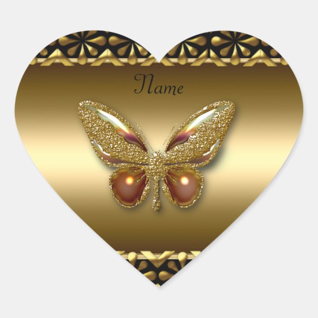 Herzsticker Gold auf Goldschmetterling Herz-Aufkleber (Vorderseite)