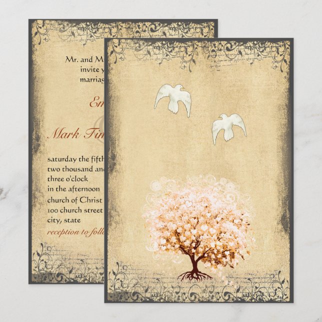 Herzstück Leaf Coral Tree Dove Love Bird Hochzeite Einladung (Vorne/Hinten)