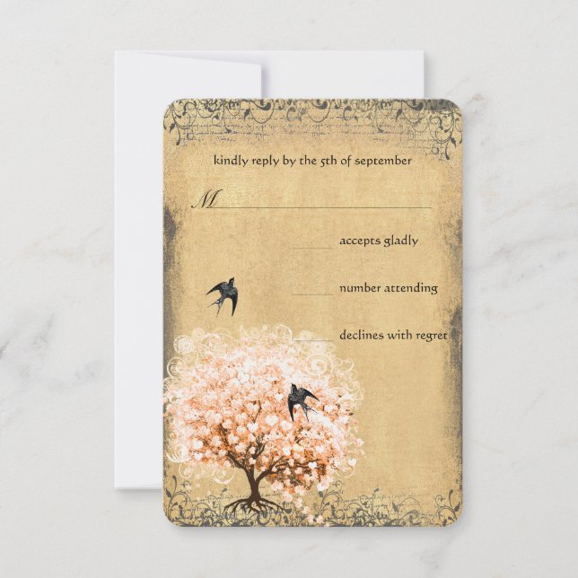 Herzstück Leaf Coral Tree Love Bird Wedding RSVP Karte (Vorderseite)