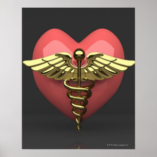 Herzsymbol mit medizinischem Symbol (Caduceus) Poster