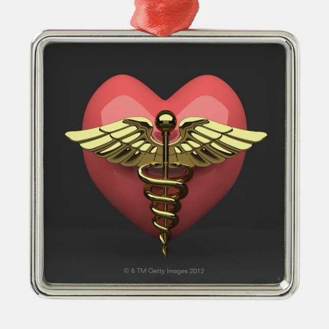 Herzsymbol mit medizinischem Symbol (Caduceus) Silbernes Ornament (Vorne)