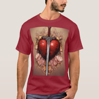 Herzwächter: Schwert- und Herz-Print-T - Shirt