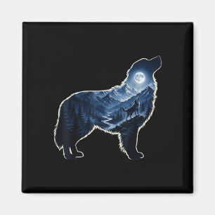 Heulender Hund mondbeschienener Bergwald Silhouett Magnet