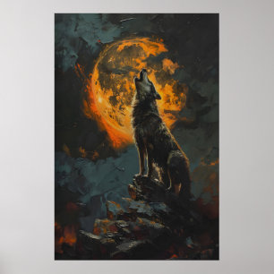 Heulender Wolf bei orange vollem Mond Druckvorlage Poster