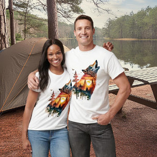 Heulender Wolf Doppelbelichtung Sonnenuntergang T-Shirt