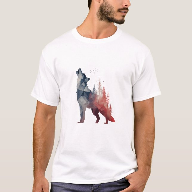 Heulender Wolf – Double-Exposure-Waldkunst T-Shirt (Vorderseite)