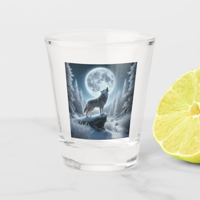 Heulender Wolf im Winter Schnapsglas (Vorderseite)