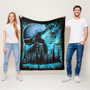 Heulender Wolf Mond Kiefernwald Kunst Fleecedecke