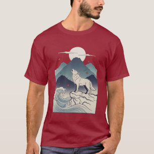 Heulender Wolf Mondbeschienener Berg Holzschnitt T T-Shirt