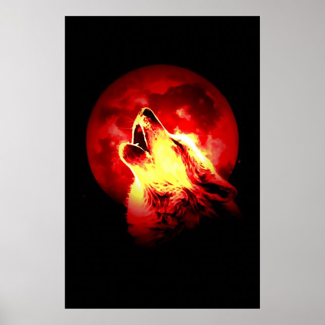Heulender Wolf & Roter Mond Poster (Vorne)