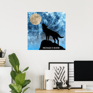 Heulender Wolf Vollmond blau schwarz Benutzerdefin Poster
