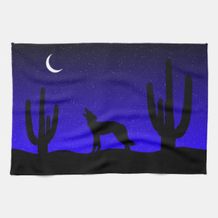 Heulender Wolf Wüsten-Nacht-Silhouette Geschirrtuch