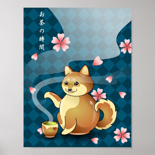 Heure du thé Chibi Shiba Inu Teapot Kanji Poster (Devant)