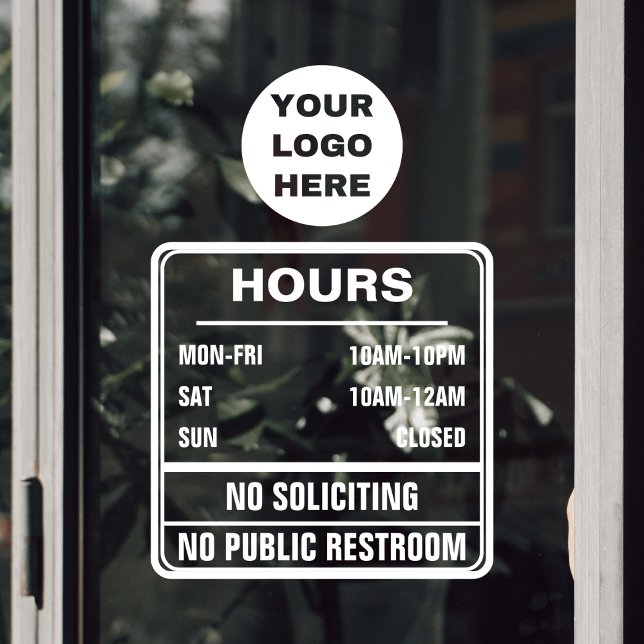 Heures d'ouverture Panneau de non-solicitation Log (hours of operation transparent door sticker with logo, no public restroom and no soliciting text)