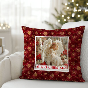 Heureux Ange de Noël Vintage Rouge et Or Coussin