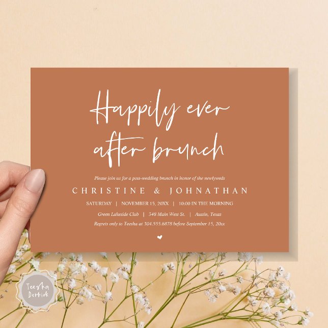 Heureux après le brunch, postez faire-part de mari (Happily ever after brunch party, post wedding invitation card, pdf, in timeless copper rust brown)