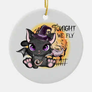 Heute Abend fliegen wir - Schwarze Hexenkatze Keramik Ornament