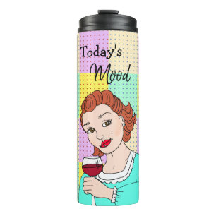 Heutige Stimmung, Retro-Dame mit Wein Thermosbecher