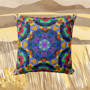 Hex Mandala Blau Gelb Rot und Grün Kissen