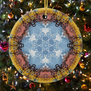 Hex Mandala Blau Gelb und Rosa Keramik Ornament