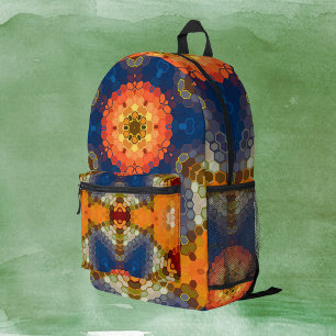 Hex Mandala Blue Orange und Red Bedruckter Rucksack