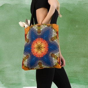 Hex Mandala Blue Orange und Red Tasche