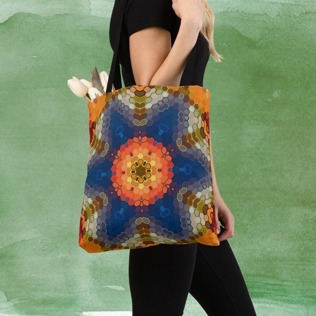 Hex Mandala Blue Orange und Red Tasche (Blue Orange and Red Hexagon Mandala Tote Bag by Wormhole Orbital)