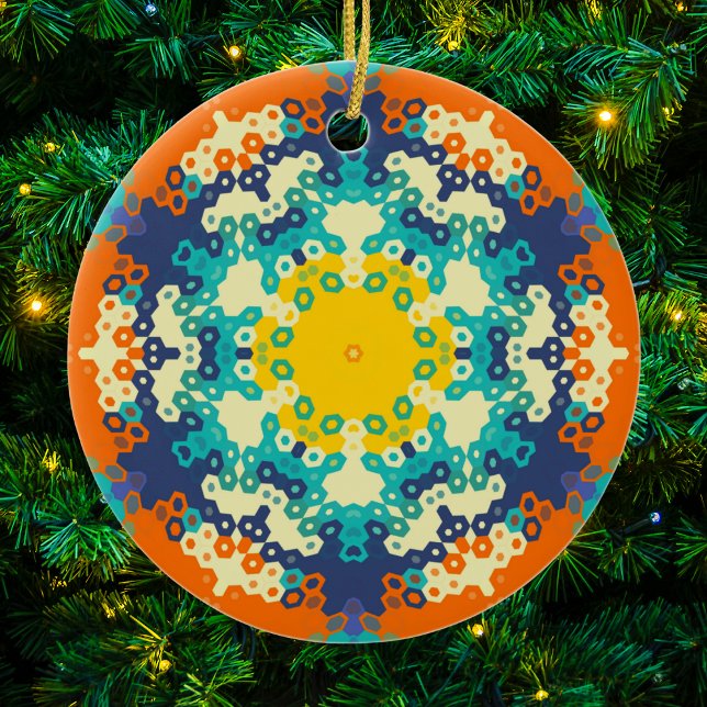 Hex Mandala Blue Orange und Yellow Keramik Ornament (Blue Orange and Yellow Hexagon Mandala Christmas Ornament from Wormhole Orbital)