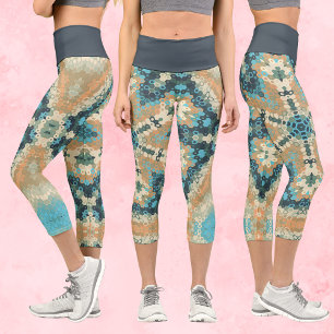 Hex Mandala Blue und Orange Capri Leggings