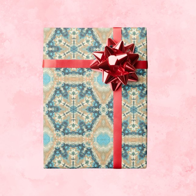 Hex Mandala Blue und Orange Geschenkpapier (Blue and Orange Hexagon Mandala Wrapping Paper by Wormhole Orbital)