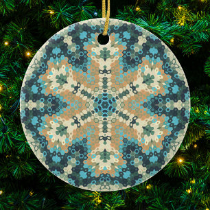 Hex Mandala Blue und Orange Keramik Ornament