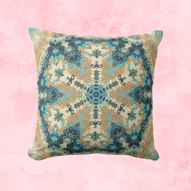 Hex Mandala Blue und Orange Kissen (Blue and Orange Hexagon Mandala Throw Pillow by Wormhole Orbital)