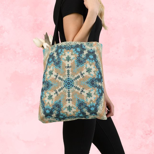 Hex Mandala Blue und Orange Tasche (Blue and Orange Hexagon Mandala Tote Bag by Wormhole Orbital)
