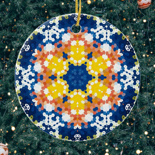 Hex Mandala Blue Yellow Orange und Green Keramik Ornament