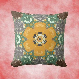 Hex Mandala Gelb Aquamarin und braun Kissen